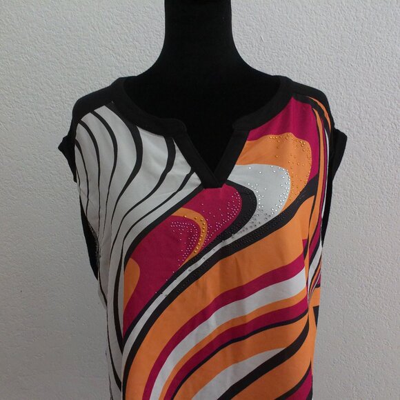 Colorful Abstract Tank Top, with shiny beads details, Orange, black, pink, red, - Picture 6 of 8